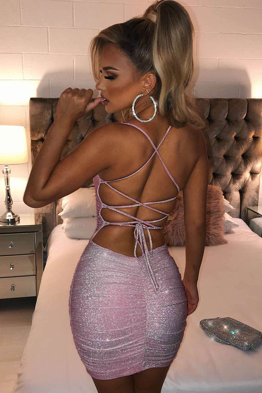 Pink Sparkle Crisscross Hollow-out Back Mini Dress