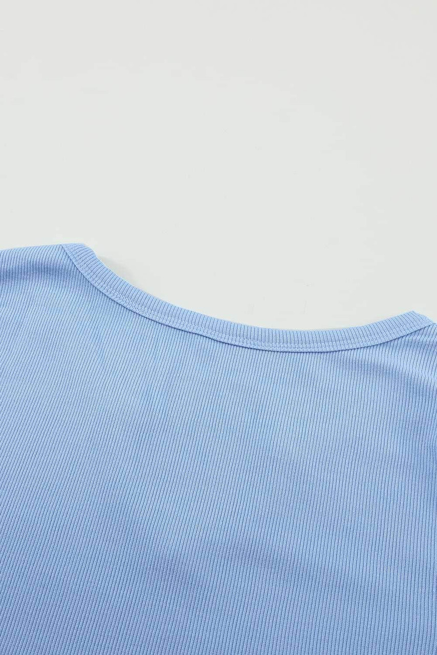 Sky Blue Split Round Neck Ribbed Knit Top