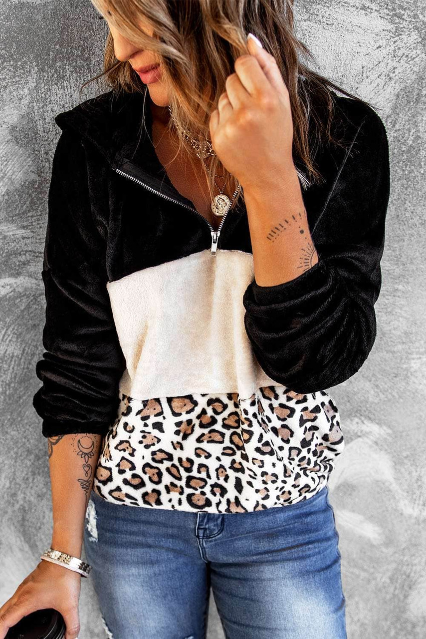 Black Leopard Color Block Pocket Fleece Quarter Zip Hoodie