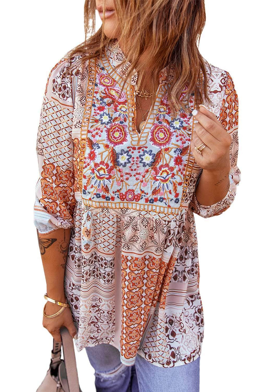 V-Neck Embroidered Boho Babydoll Top