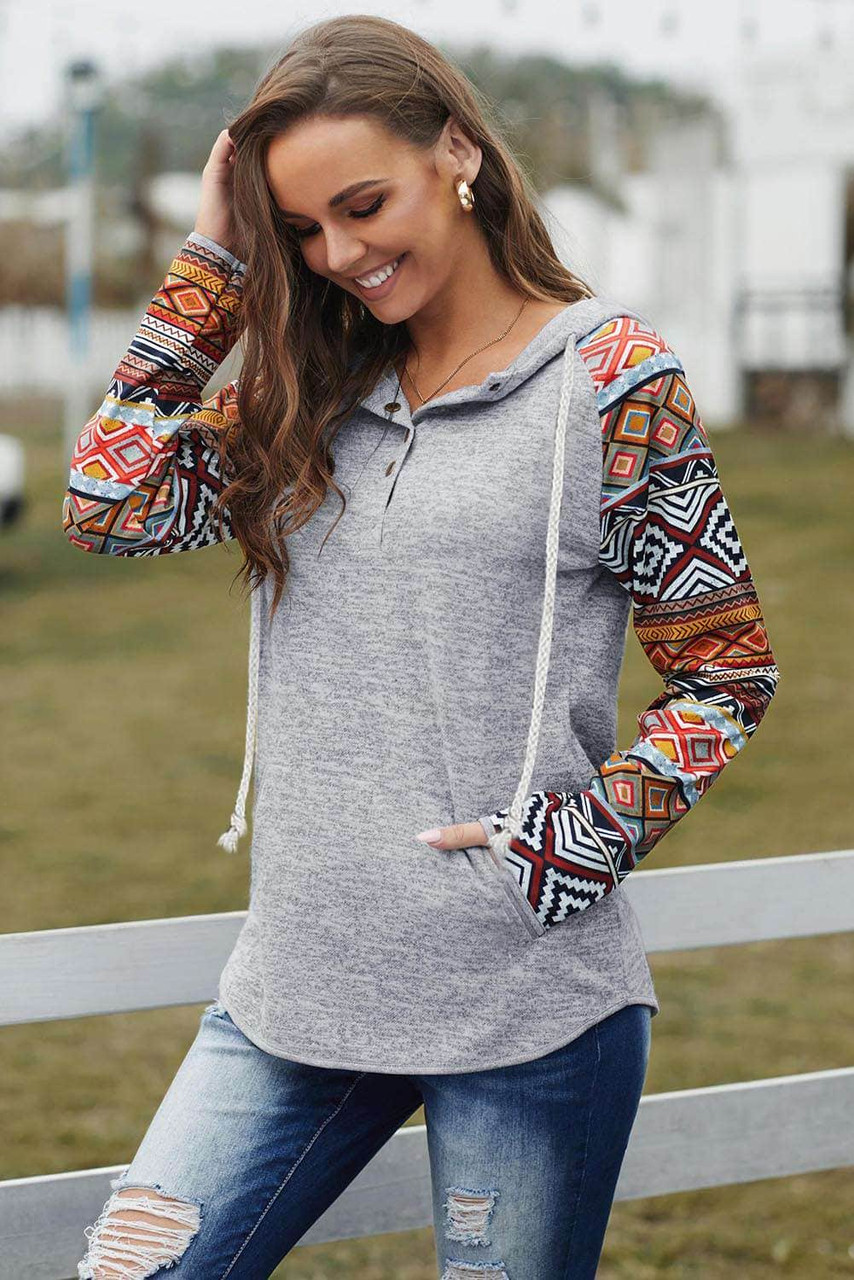 Gray Tribal Print Long Sleeve Button Neckline Drawstring Hoodie