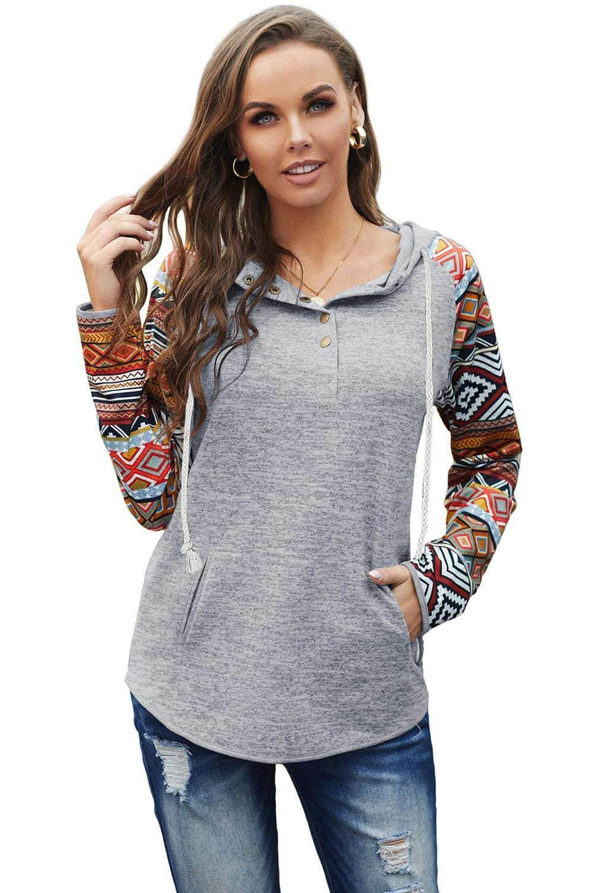 Gray Tribal Print Long Sleeve Button Neckline Drawstring Hoodie