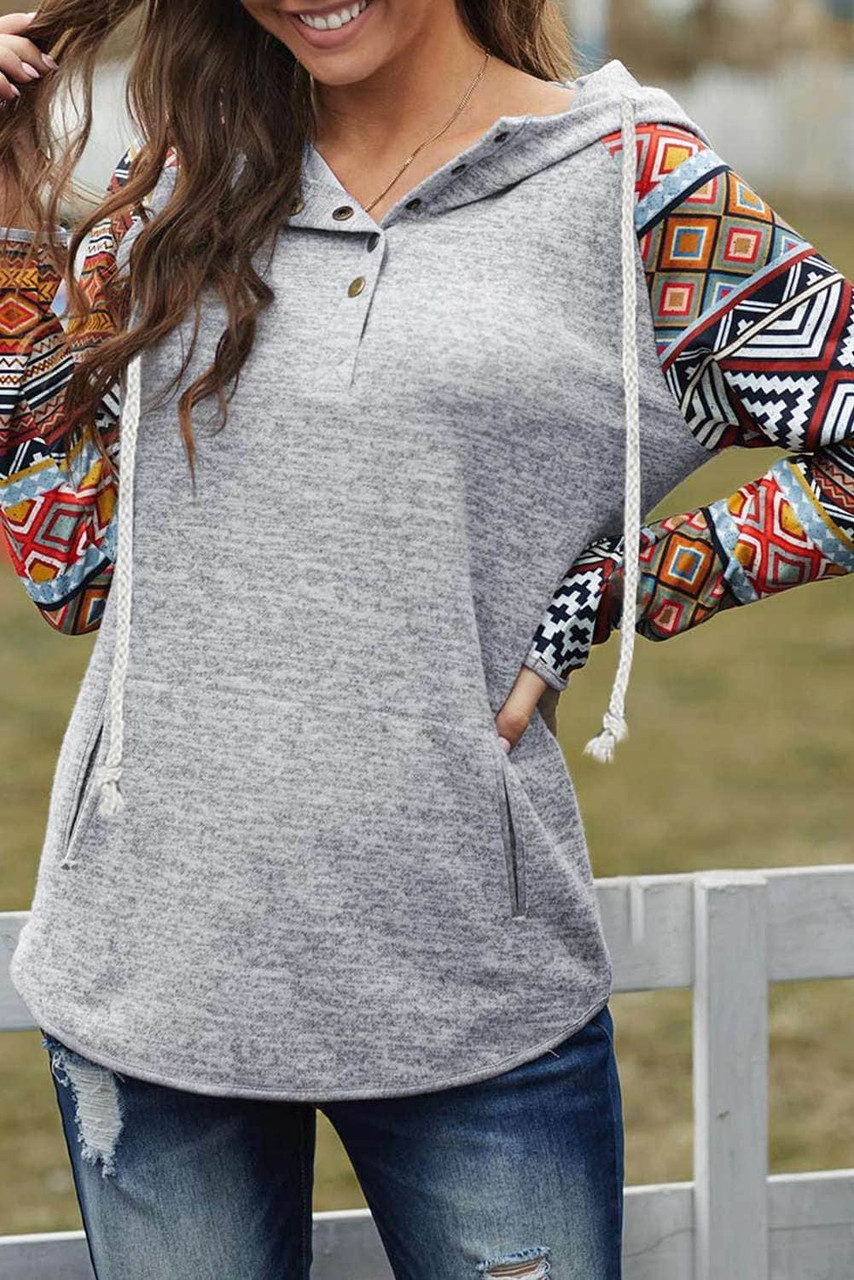 Gray Tribal Print Long Sleeve Button Neckline Drawstring Hoodie