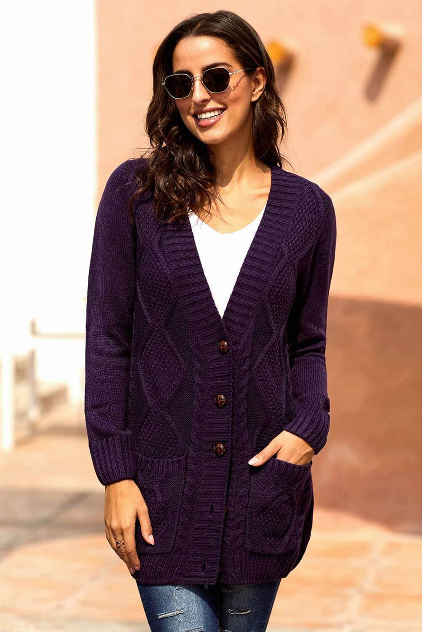 Purple Front Pocket and Buttons Closure Cardigan