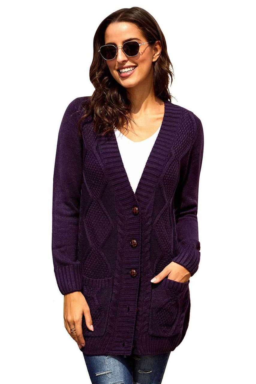 Purple Front Pocket and Buttons Closure Cardigan