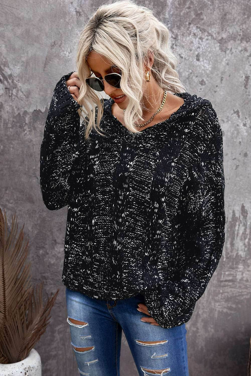 Black Drop Shoulder Loose Sweater with Hooded