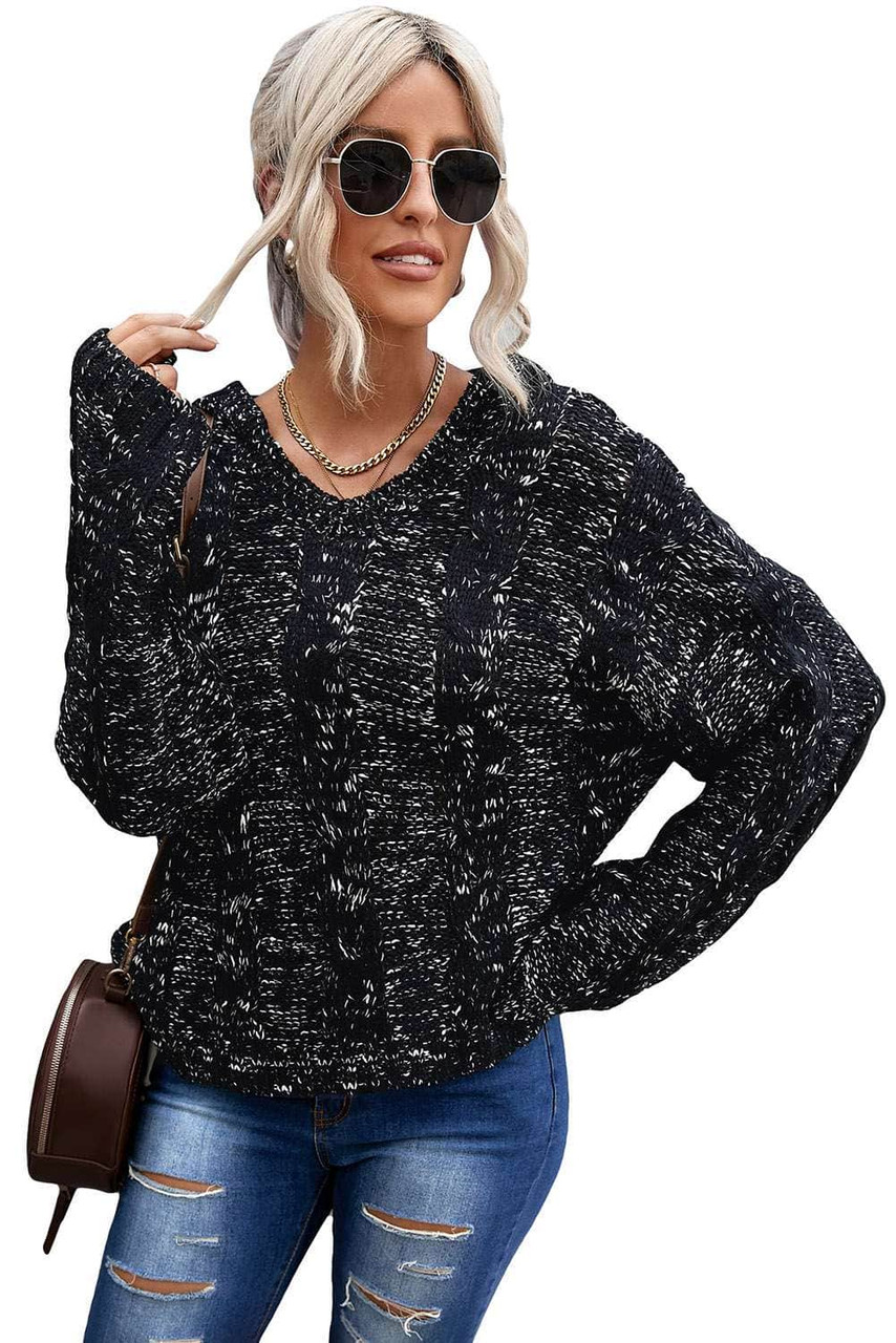 Black Drop Shoulder Loose Sweater with Hooded