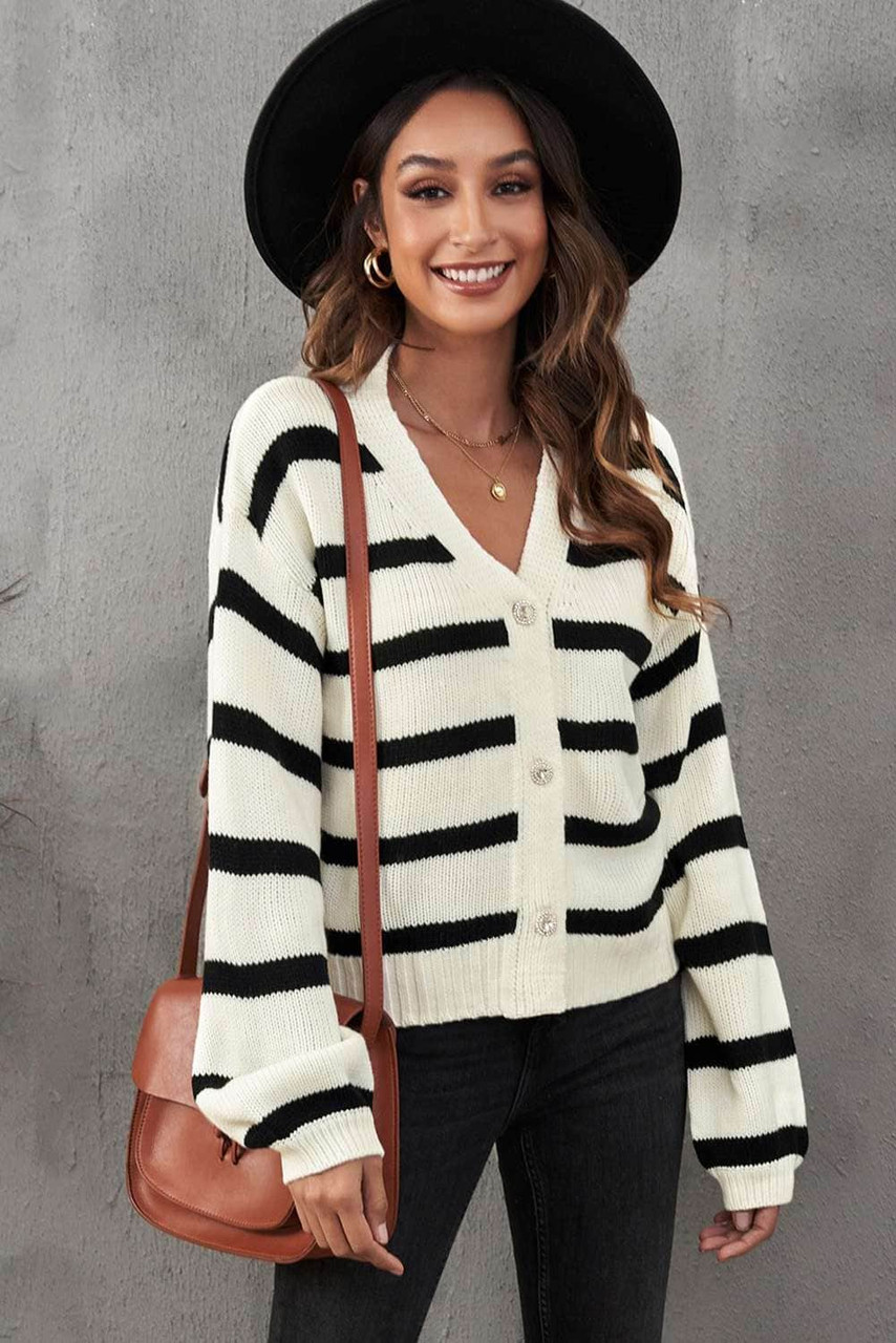 Striped V-Neck Buttoned Open Front Knitted Sweater