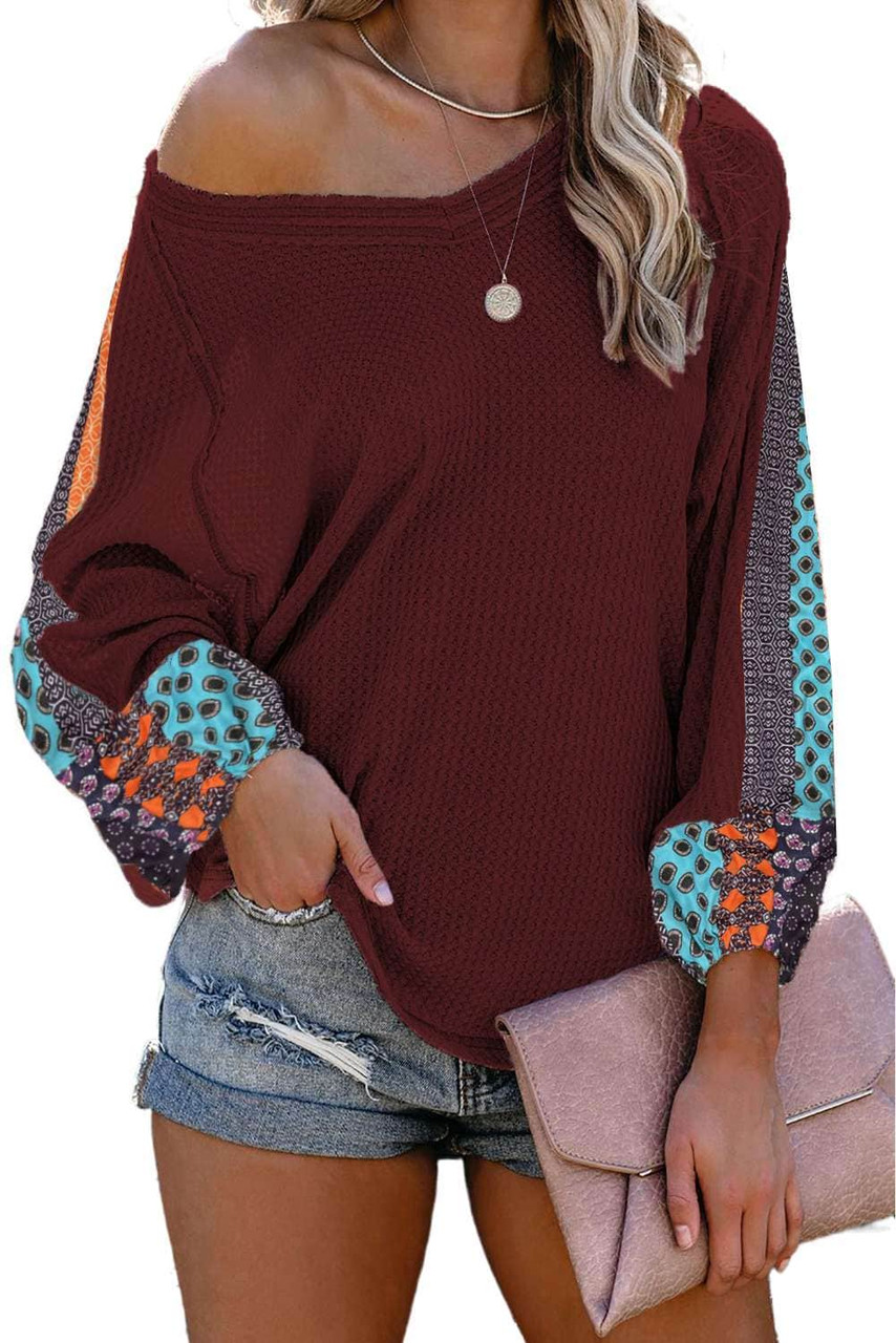 Burgundy Pattern Print Splicing Waffle Knit Blouse Burgundy Pattern Print Splicing Waffle Knit Blouse