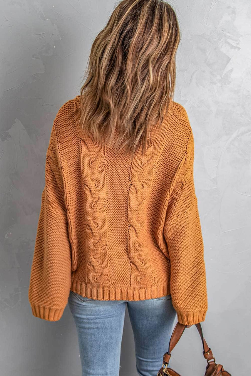 Yellow Solid Turtleneck Cable Knit Pullover Sweater