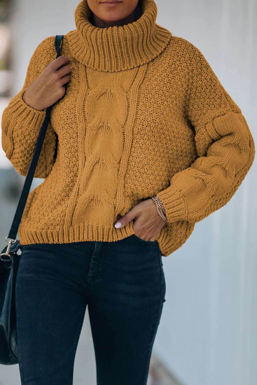 Yellow Solid Turtleneck Cable Knit Pullover Sweater Yellow Solid Turtleneck Cable Knit Pullover Sweater