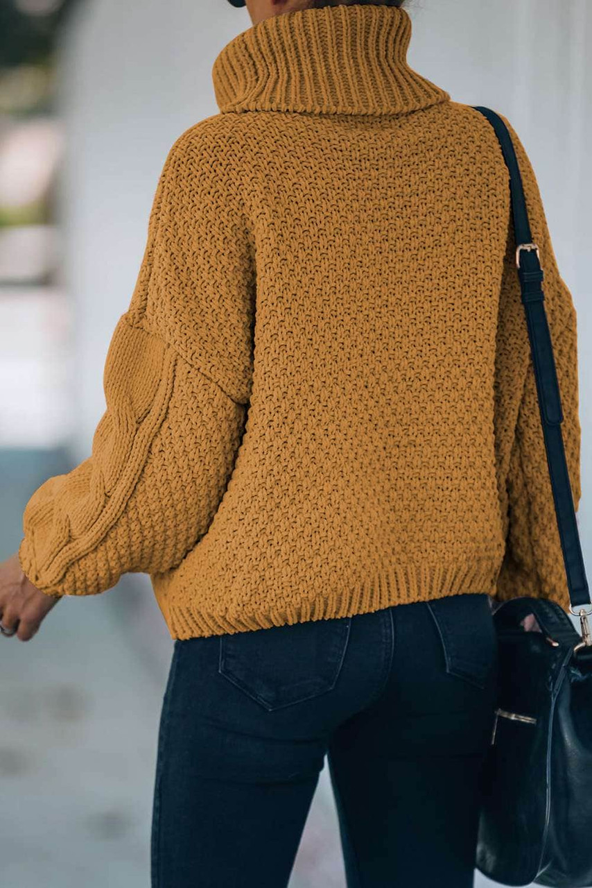 Yellow Solid Turtleneck Cable Knit Pullover Sweater Yellow Solid Turtleneck Cable Knit Pullover Sweater