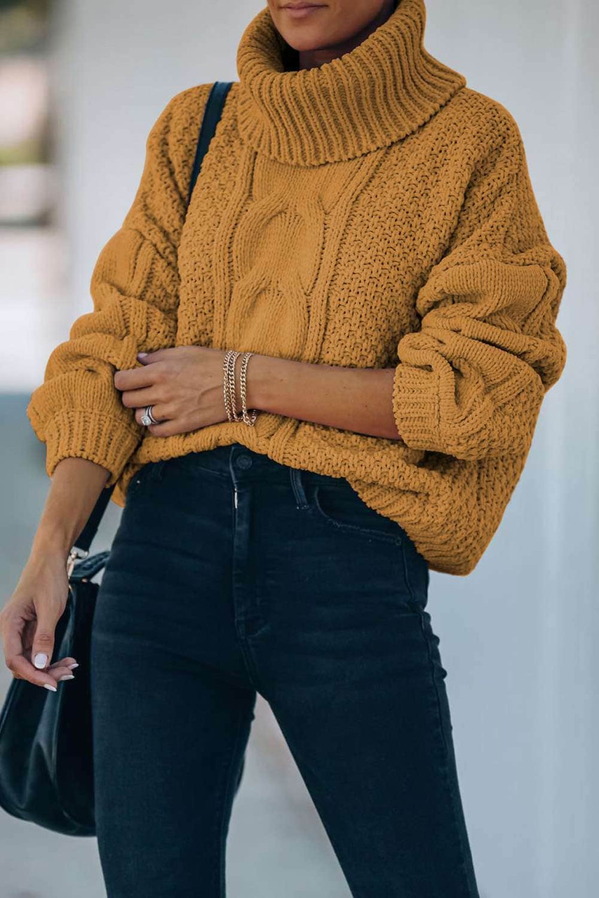 Yellow Solid Turtleneck Cable Knit Pullover Sweater