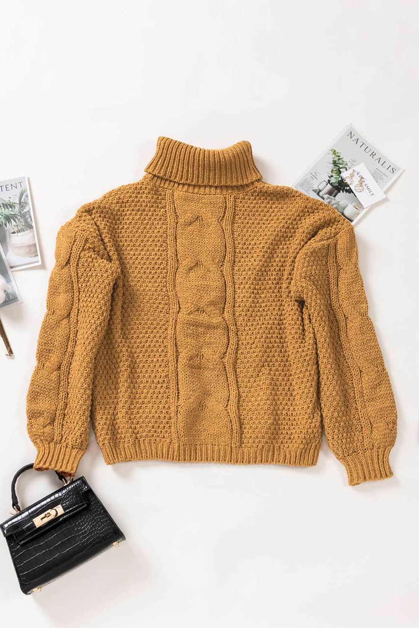 Yellow Solid Turtleneck Cable Knit Pullover Sweater Yellow Solid Turtleneck Cable Knit Pullover Sweater