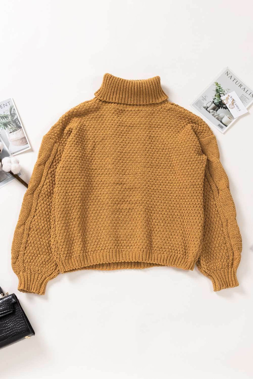 Yellow Solid Turtleneck Cable Knit Pullover Sweater Yellow Solid Turtleneck Cable Knit Pullover Sweater