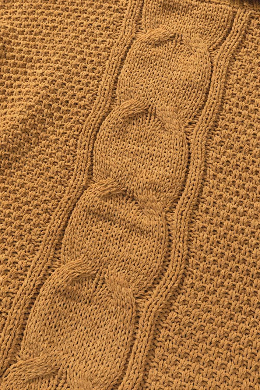 Yellow Solid Turtleneck Cable Knit Pullover Sweater