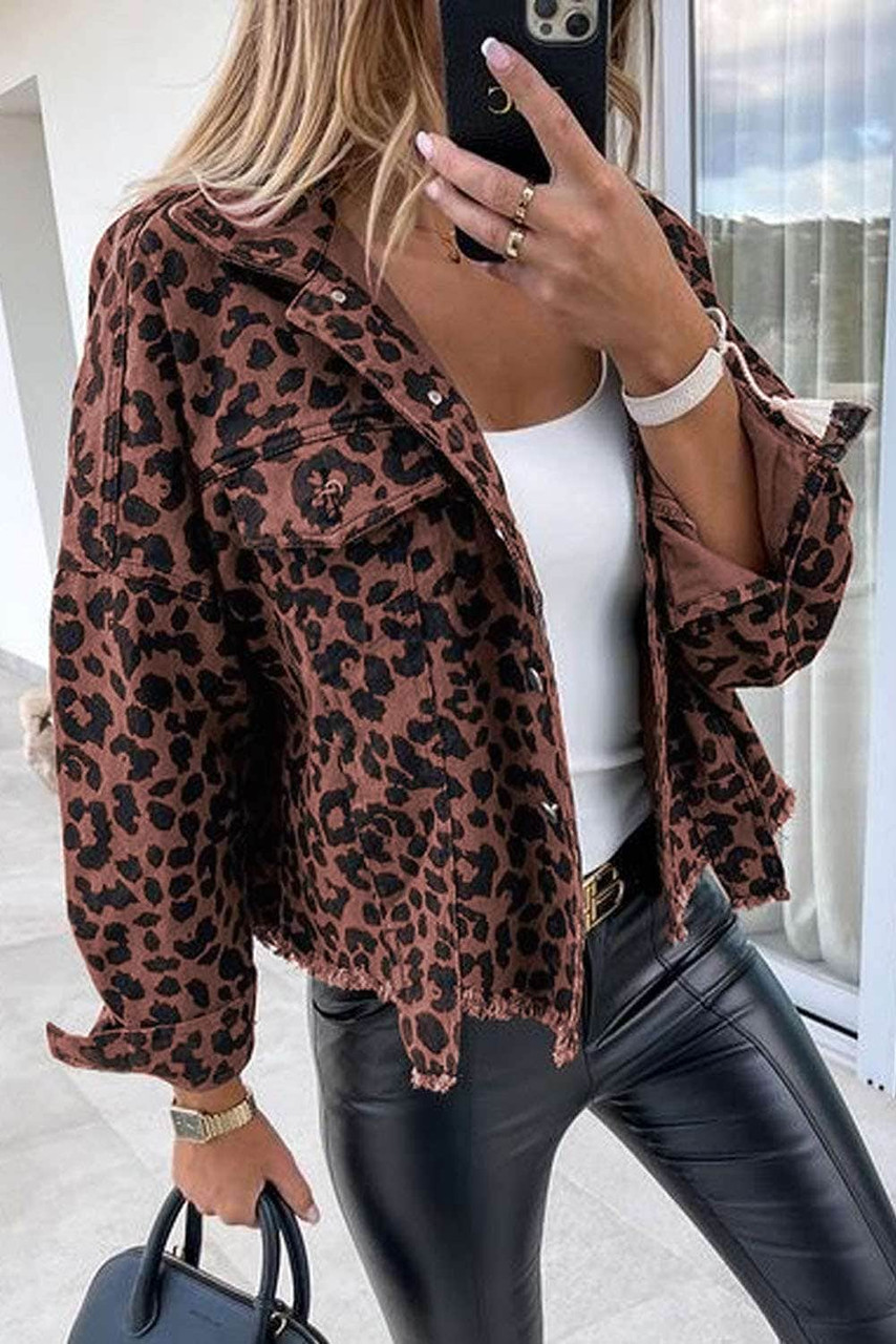 Brown Leopard Print Raw Hem Buttoned Cropped Jacket