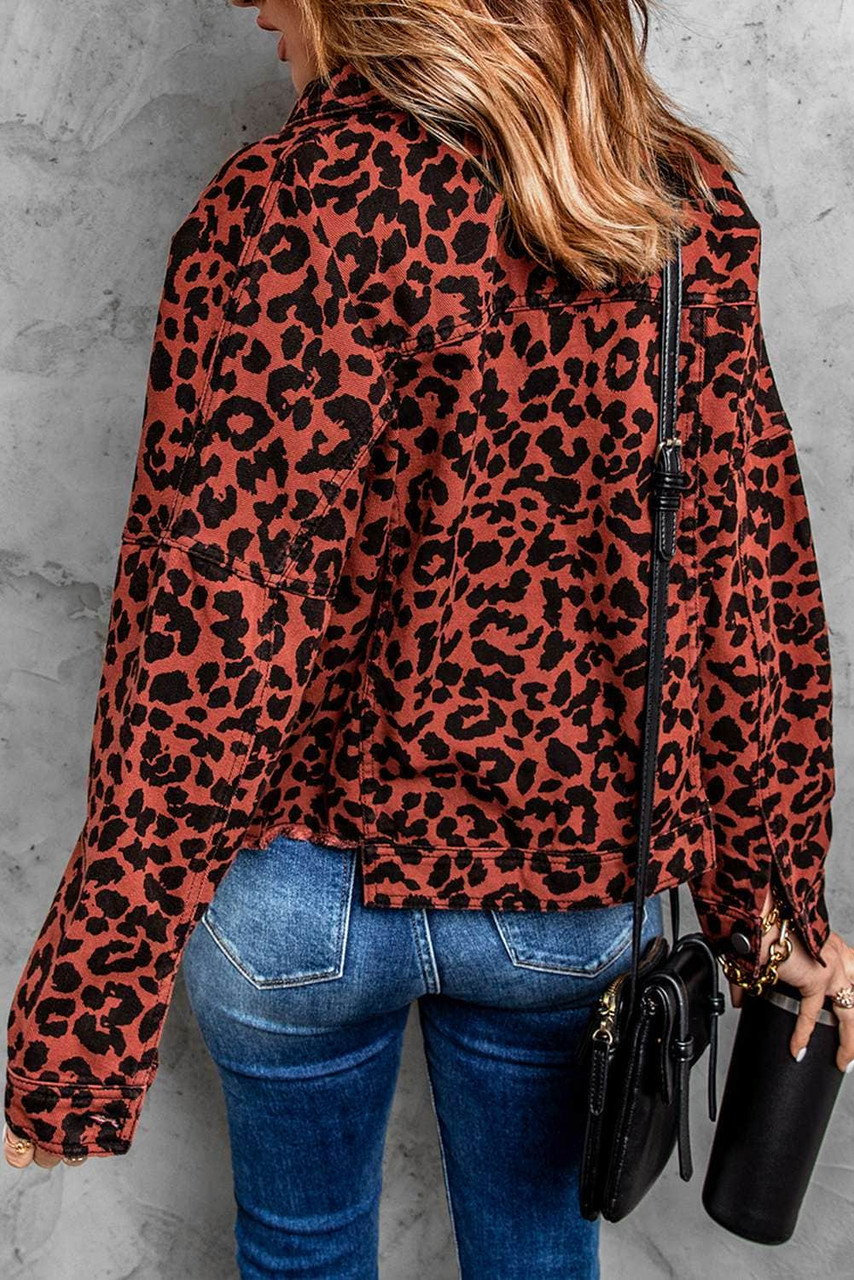 Brown Leopard Print Raw Hem Buttoned Cropped Jacket