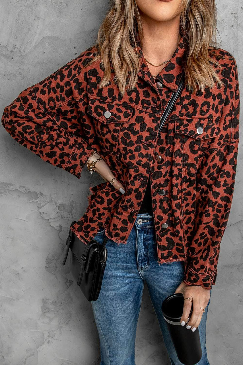 Brown Leopard Print Raw Hem Buttoned Cropped Jacket