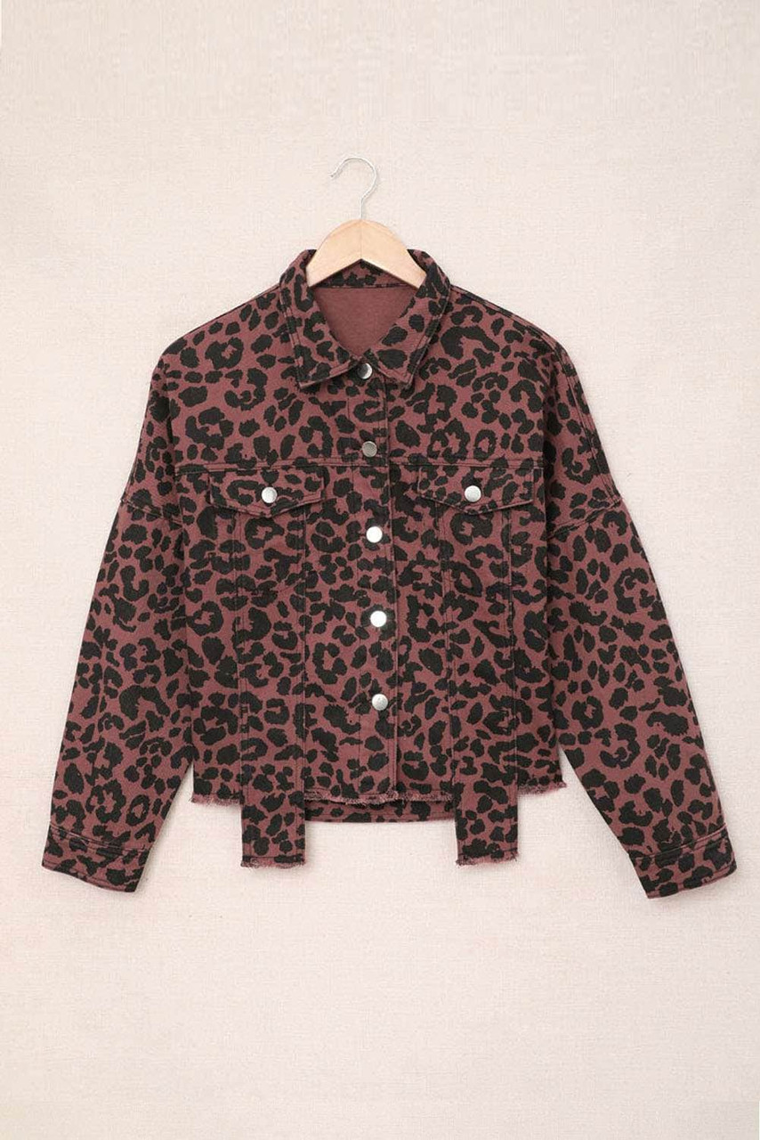 Brown Leopard Print Raw Hem Buttoned Cropped Jacket