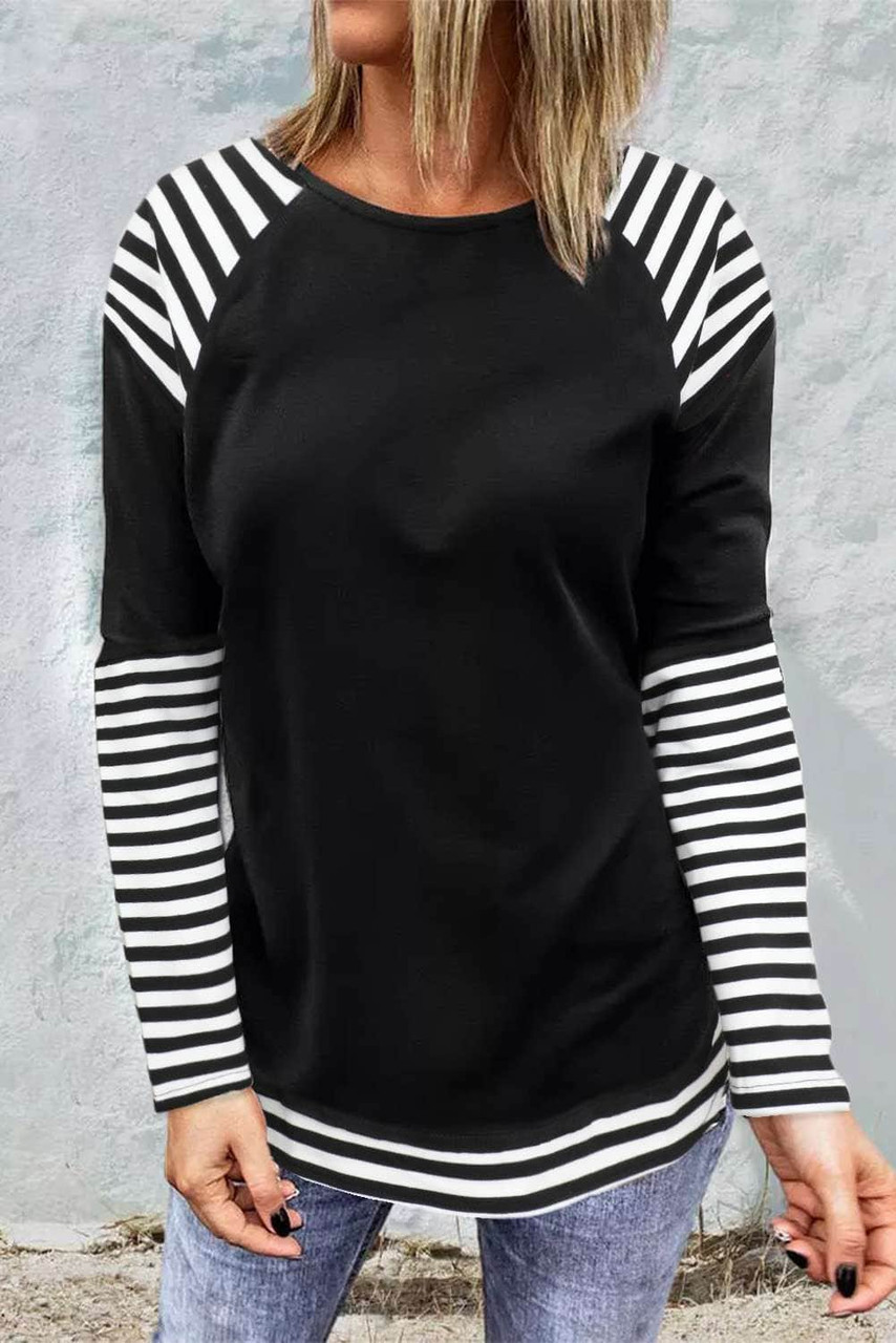 Black Striped Raglan Long Sleeve Top