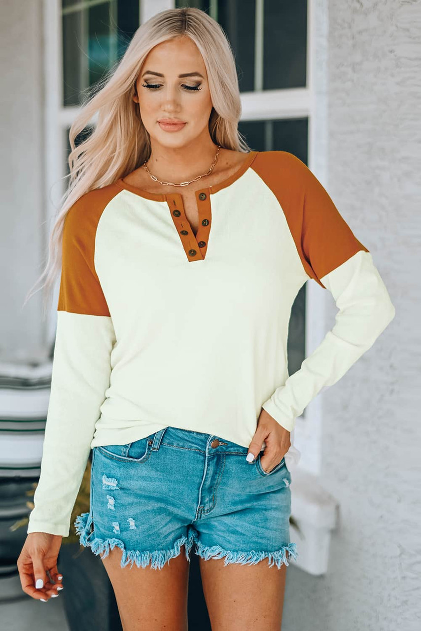 Colorblock Ribbed Buttons Long Sleeve Top