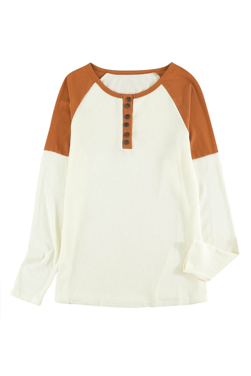 Colorblock Ribbed Buttons Long Sleeve Top