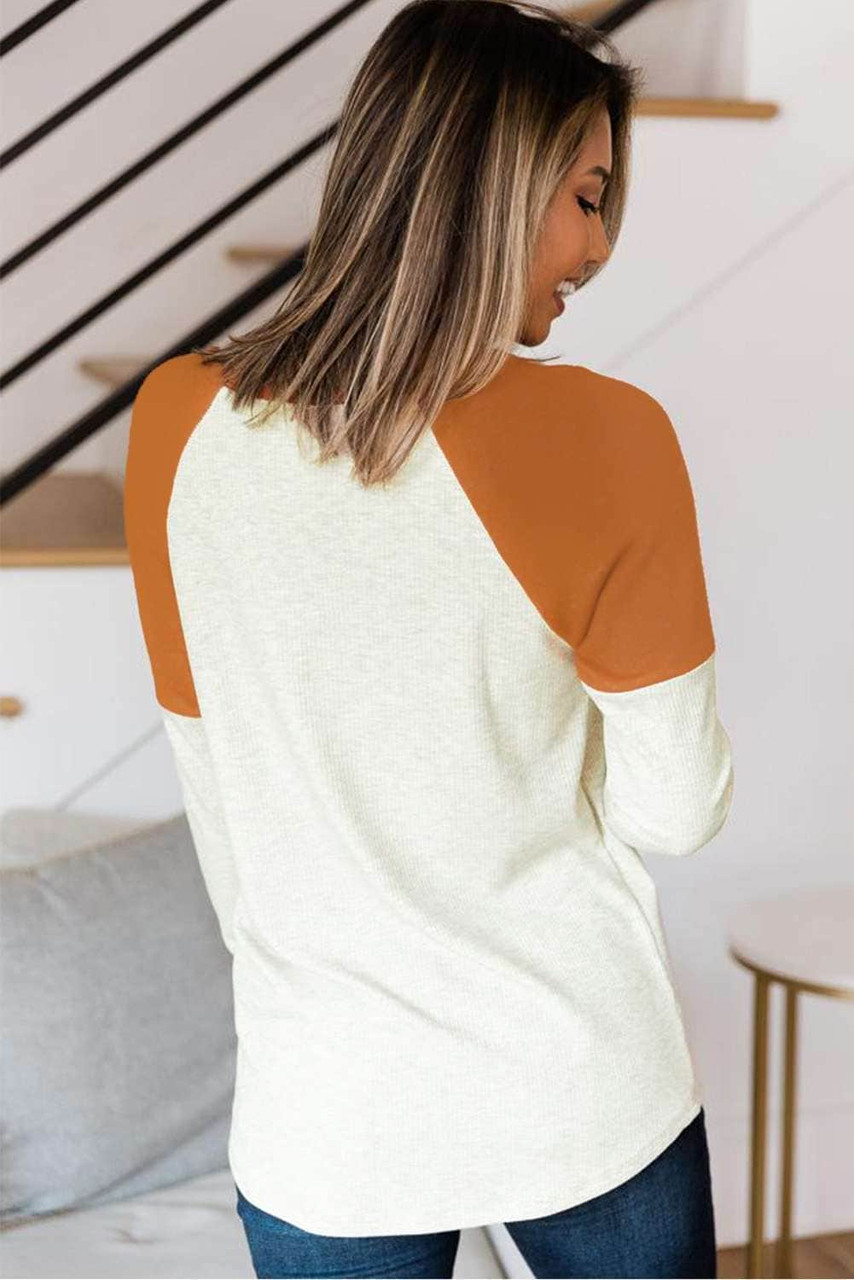 Colorblock Ribbed Buttons Long Sleeve Top