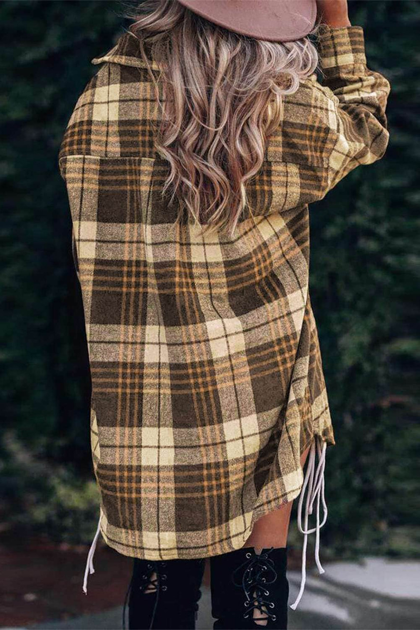 Khaki Grid Print Boyfriend Shirt Coat