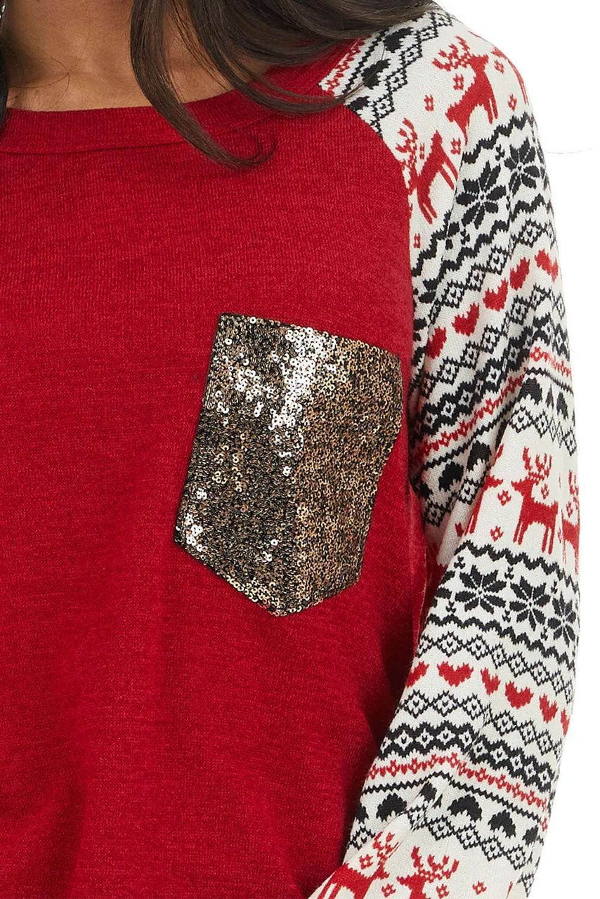 Red Christmas Print Sleeve Sequin Pocket RaglanTop
