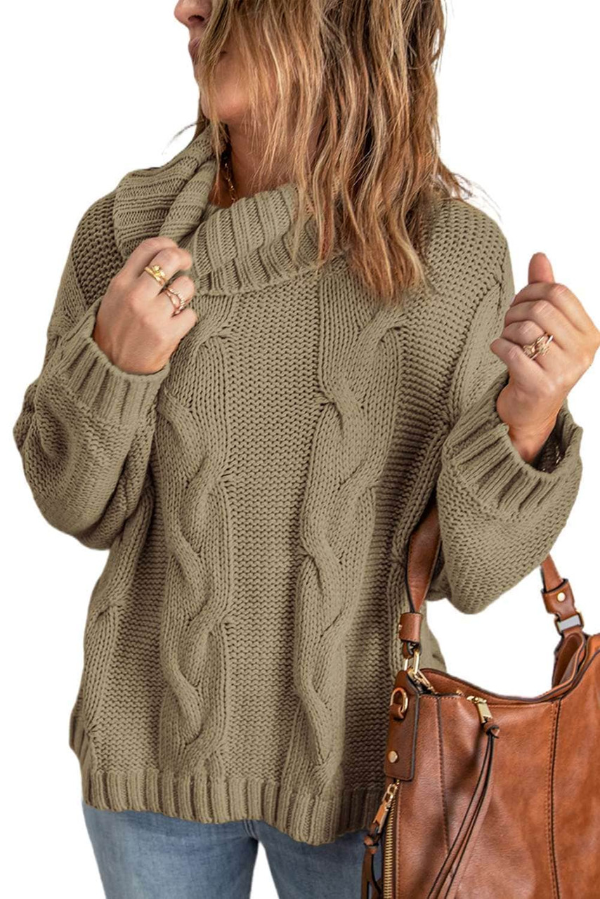 Khaki Solid Turtleneck Cable Knit Pullover Sweater