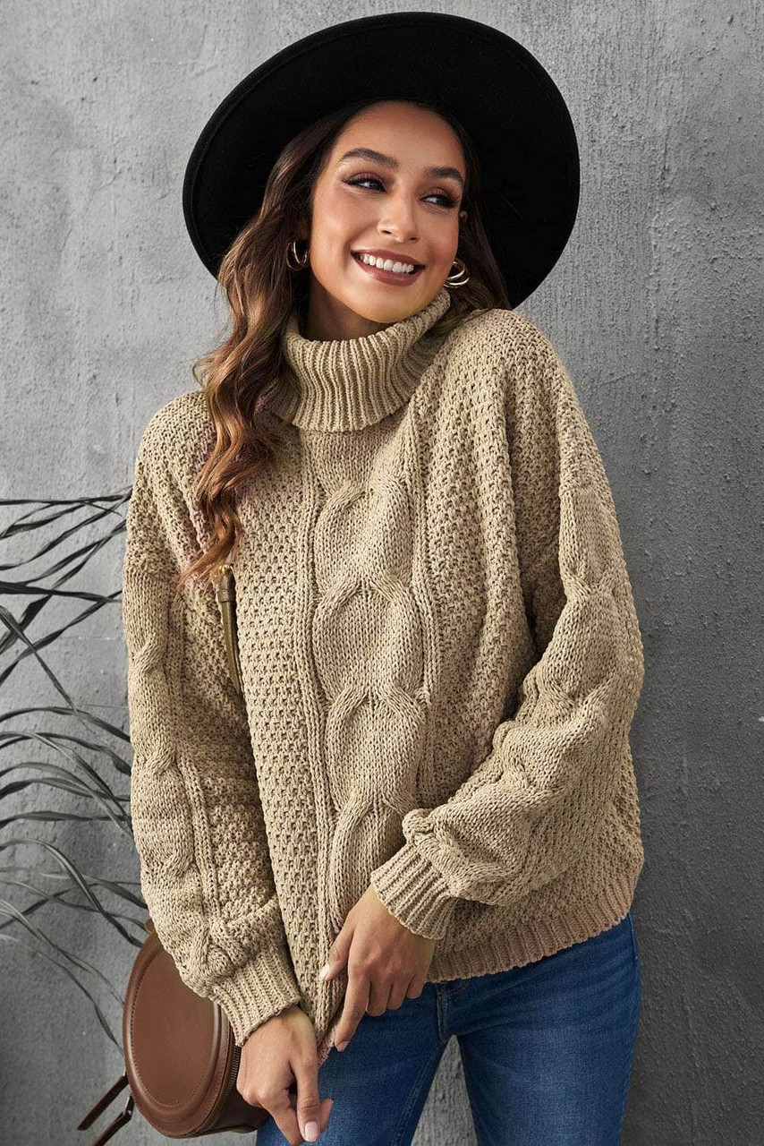 Khaki Solid Turtleneck Cable Knit Pullover Sweater