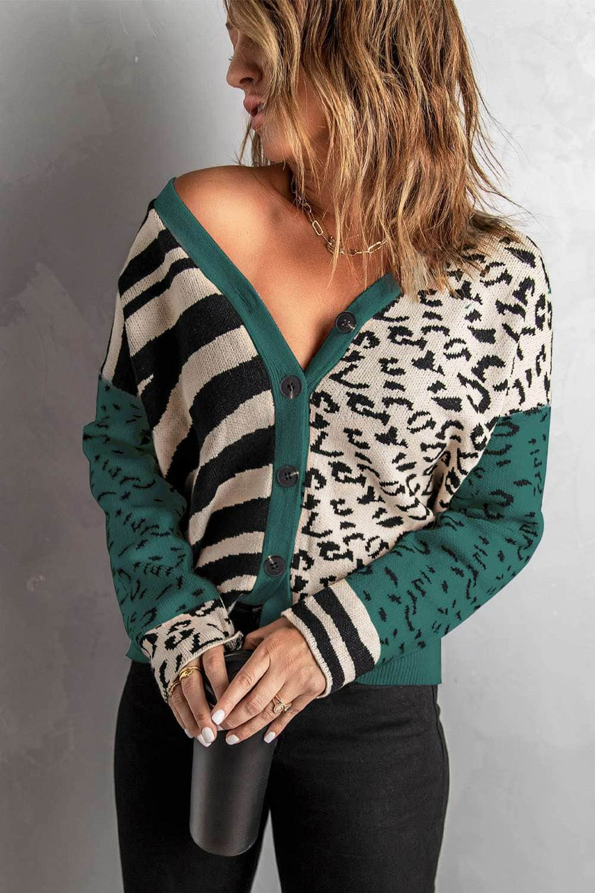 Green Animal Print Buttons Cardigan