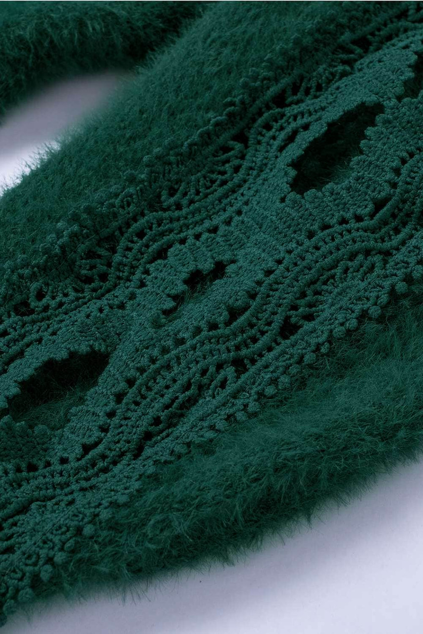 Green Lace Splicing V Neck Pullover Sweater