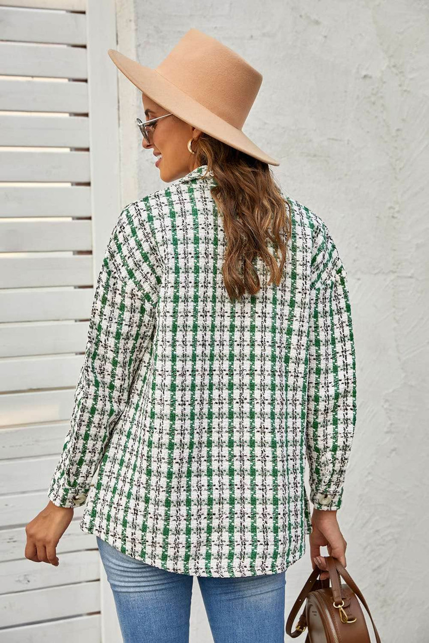 Green Plaid Print Button Knitted Coat with Pocket