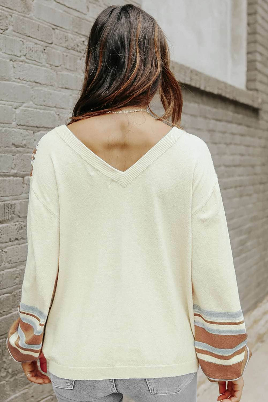 V-Neck Contrast Printed Oatmeal Sweater