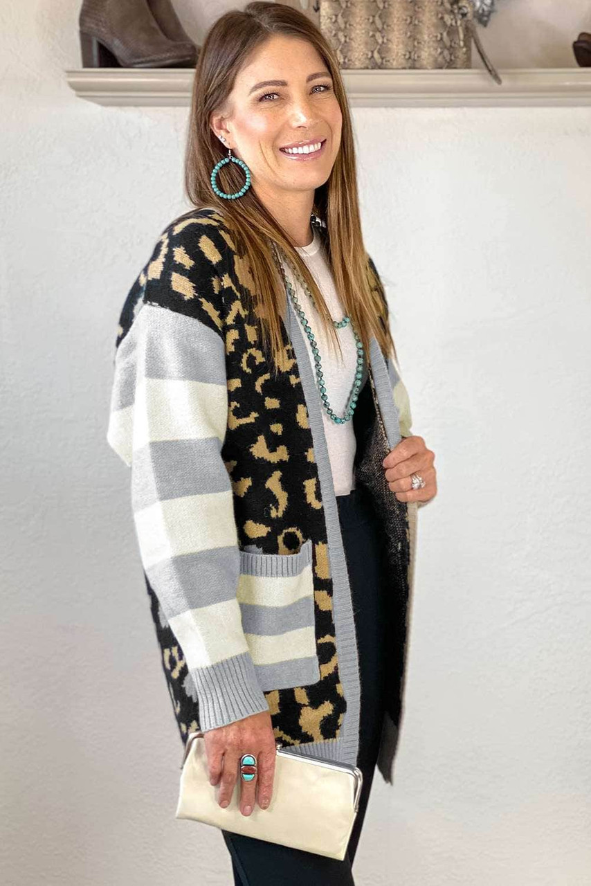 Leopard Print Cardigan with Striped Sleeve