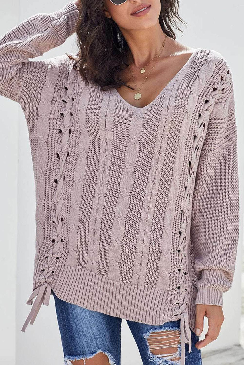 Pink Love Letters Cable Knit Lace Up Sweater