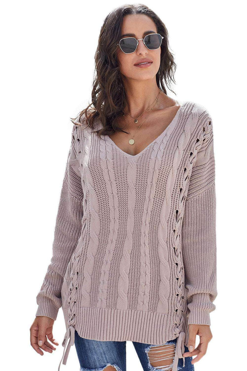 Pink Love Letters Cable Knit Lace Up Sweater