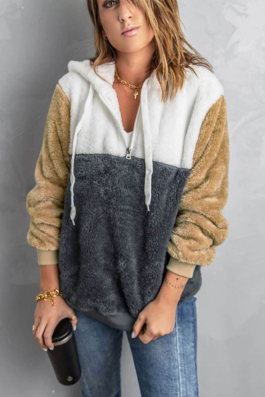 Gray Colorblock Fluffy Faux Fur Hoodie Gray Colorblock Fluffy Faux Fur Hoodie