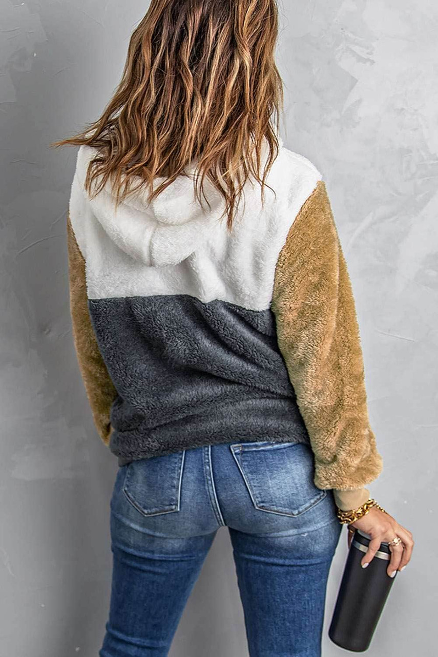 Gray Colorblock Fluffy Faux Fur Hoodie Gray Colorblock Fluffy Faux Fur Hoodie