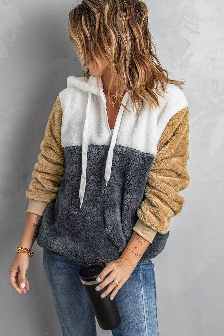 Gray Colorblock Fluffy Faux Fur Hoodie