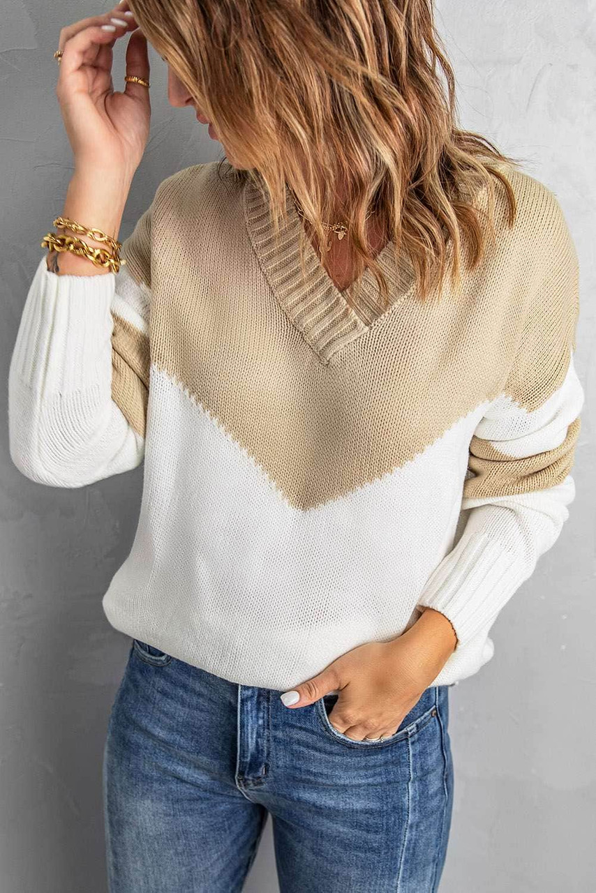 Khaki Colorblock V Neck Casual Sweater