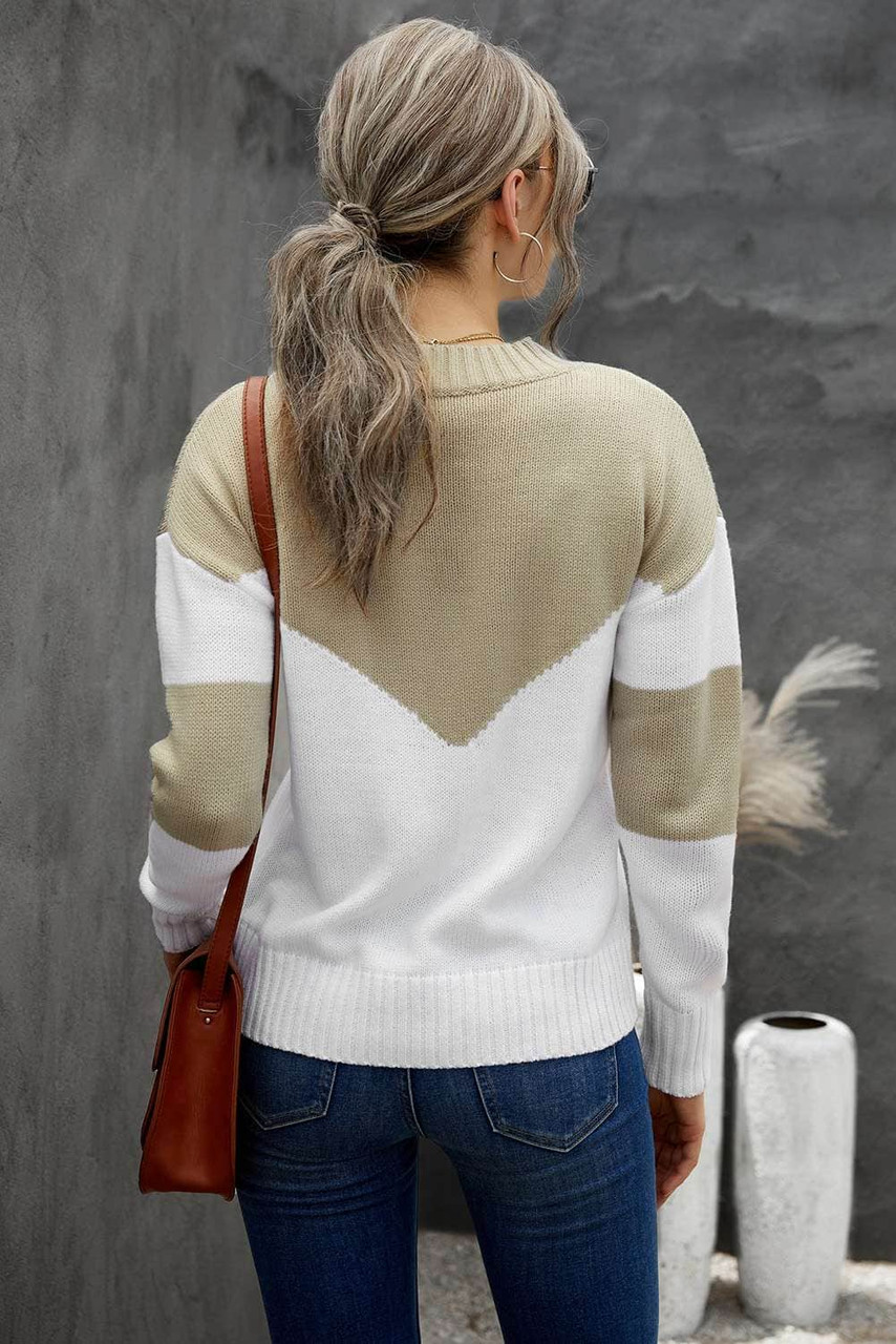 Khaki Colorblock V Neck Casual Sweater