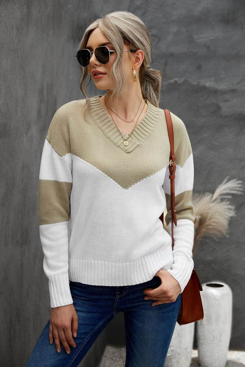 Khaki Colorblock V Neck Casual Sweater
