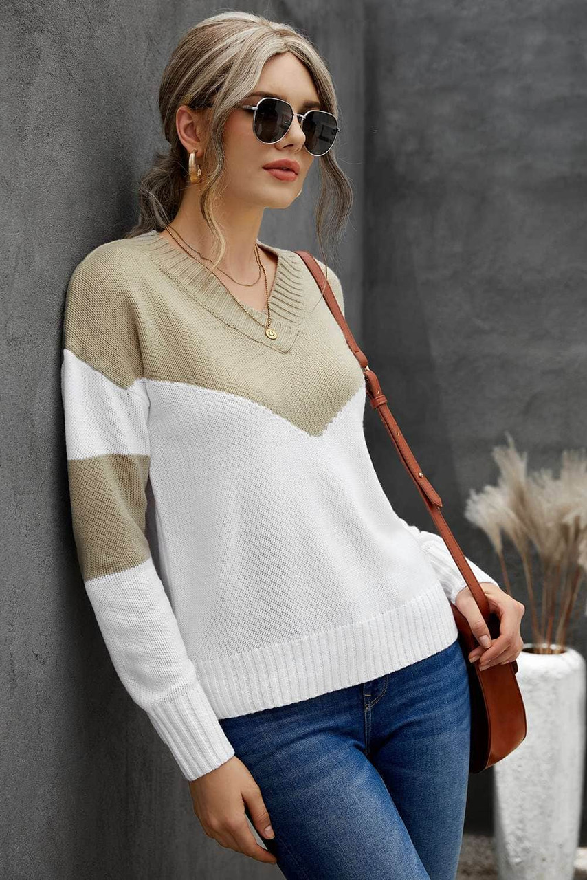 Khaki Colorblock V Neck Casual Sweater