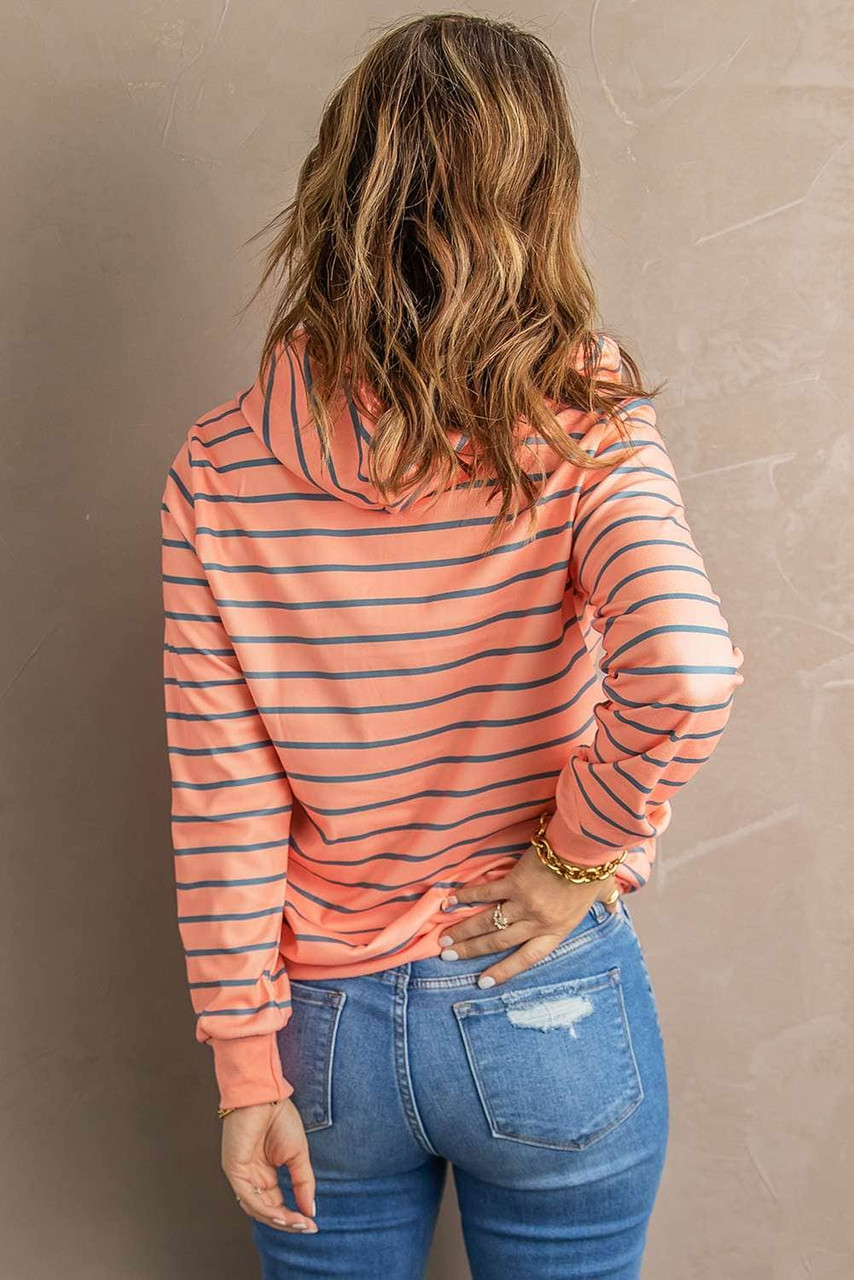 Orange Striped Turtleneck Hoodie with Pocket