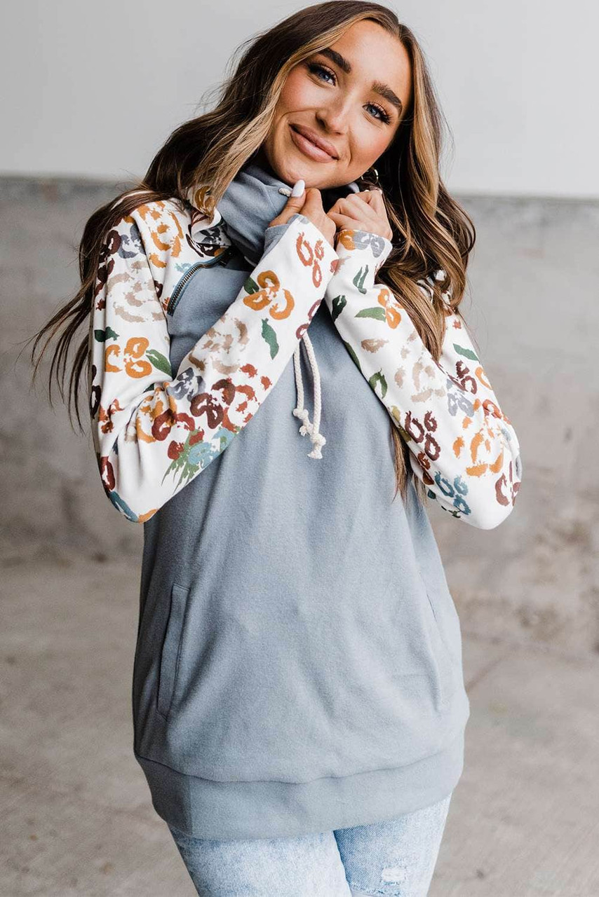 Gray Leopard Print Sleeve Patchwork Hoodie with Pocket