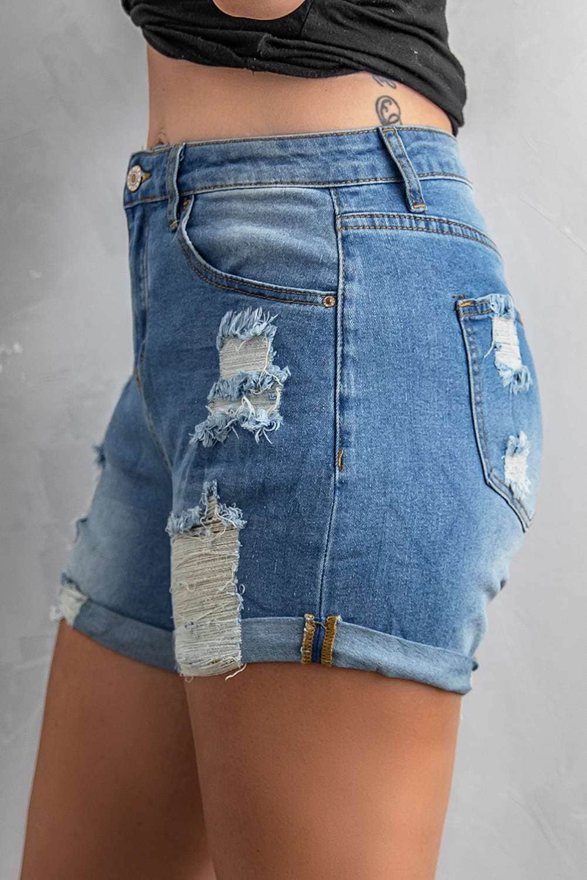 Folded Hem Ripped High Waist Jean Shorts