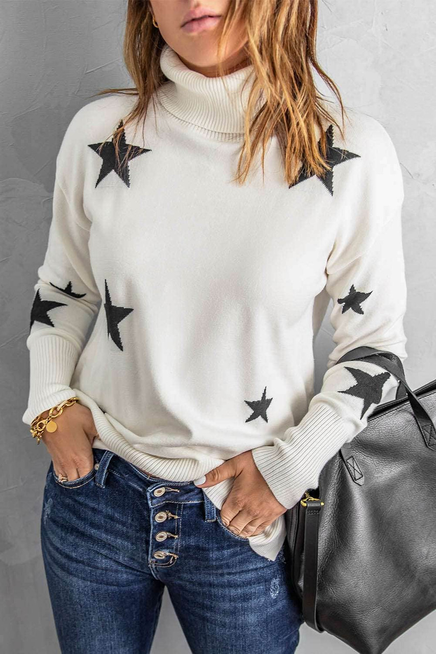 White Turtleneck Dropped Sleeve Star Print Sweater